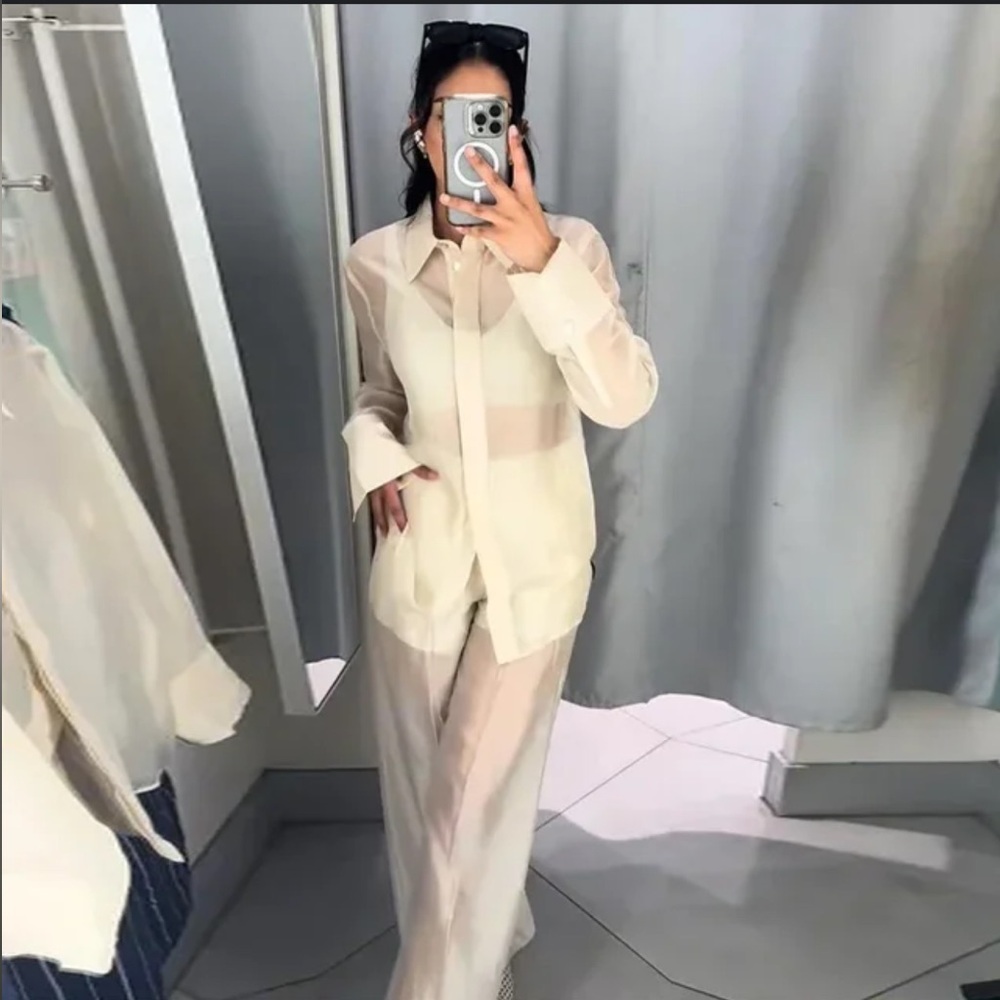 H&M EDITION SET Studio Sheer Suit Set Pants Defined Waist Top Blouse Sz 10 / M